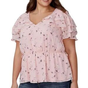 Lane Bryant Pink Floral Blouse Size 18 Ruffle Sleeve Drawstring Waist V-Neck